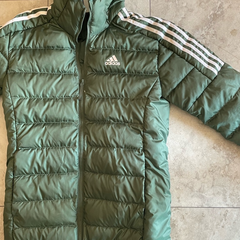 Green Adidas Puffer jacket with white stripes